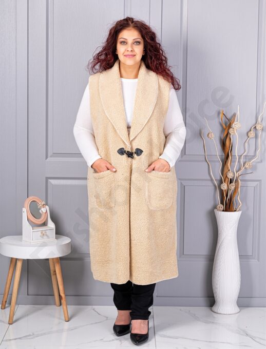 Plus size μπουκλέ γιλέκο μακρύ-μπεζ-κωδ 2184-3