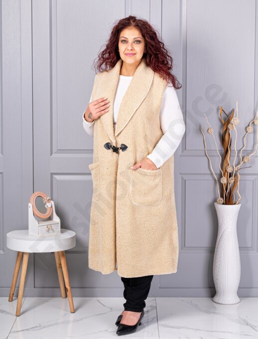 Plus size μπουκλέ γιλέκο μακρύ-μπεζ-κωδ 2184-3