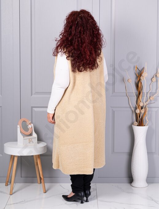 Plus size μπουκλέ γιλέκο μακρύ-μπεζ-κωδ 2184-3