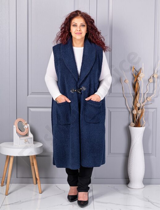 Plus size μπουκλέ γιλέκο μακρύ-μπλε σκούρο-κωδ 2184-5