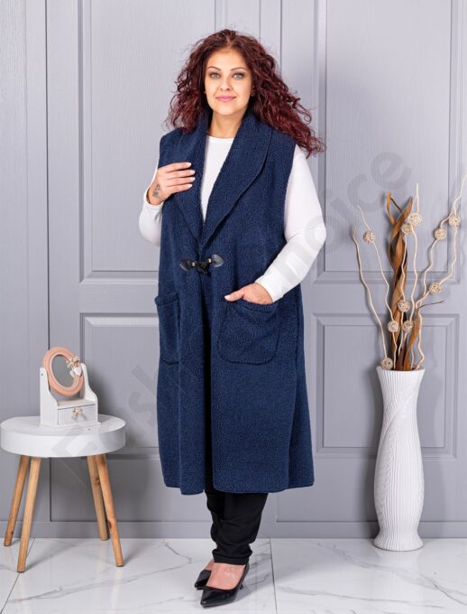 Plus size μπουκλέ γιλέκο μακρύ-μπλε σκούρο-κωδ 2184-5