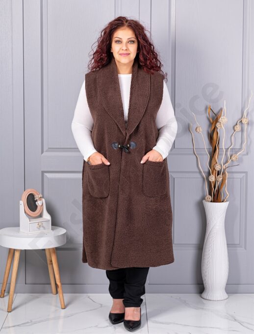 Plus size μπουκλέ γιλέκο μακρύ-καφέ-κωδ 2184-2