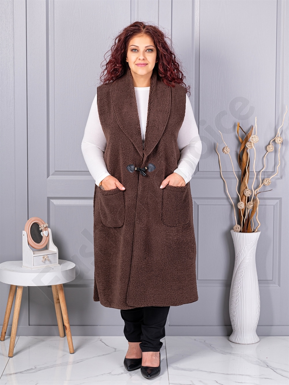 Plus size μπουκλέ γιλέκο μακρύ-καφέ-κωδ 2184-2