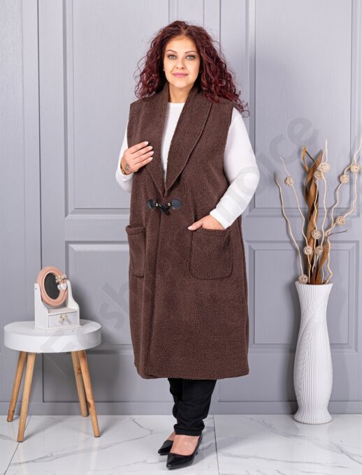 Plus size μπουκλέ γιλέκο μακρύ-καφέ-κωδ 2184-2