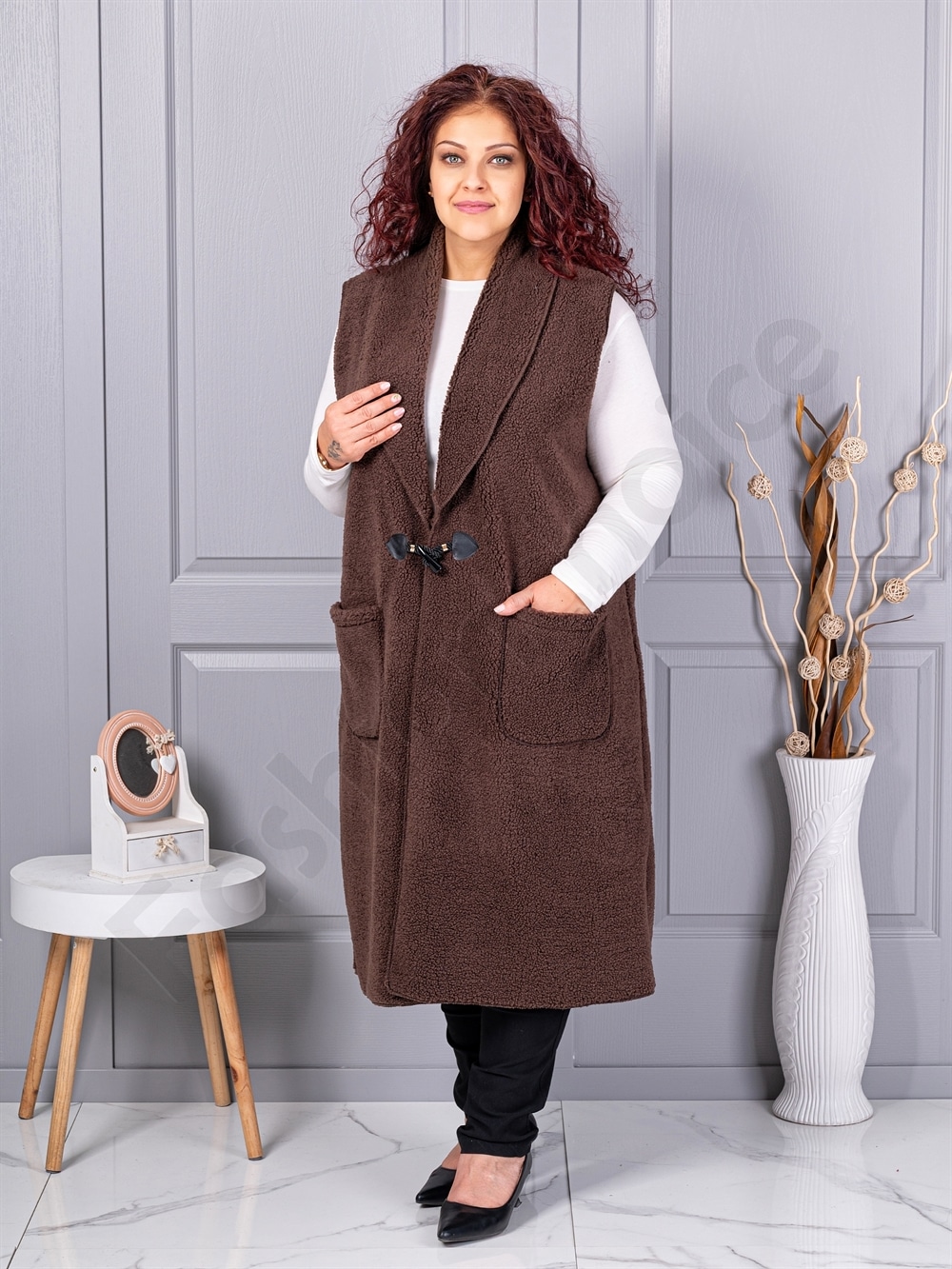 Plus size μπουκλέ γιλέκο μακρύ-καφέ-κωδ 2184-2
