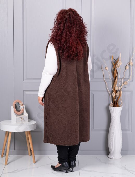 Plus size μπουκλέ γιλέκο μακρύ-καφέ-κωδ 2184-2