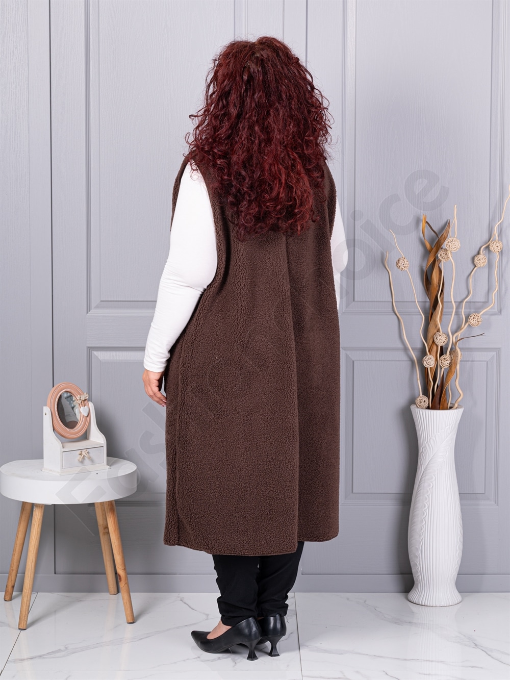 Plus size μπουκλέ γιλέκο μακρύ-καφέ-κωδ 2184-2