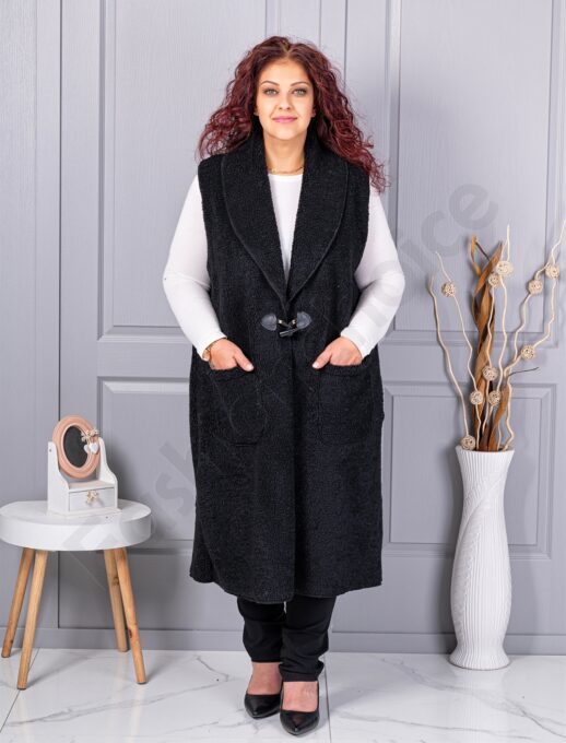 Plus size μπουκλέ γιλέκο μακρύ-μαύρο-κωδ 2184