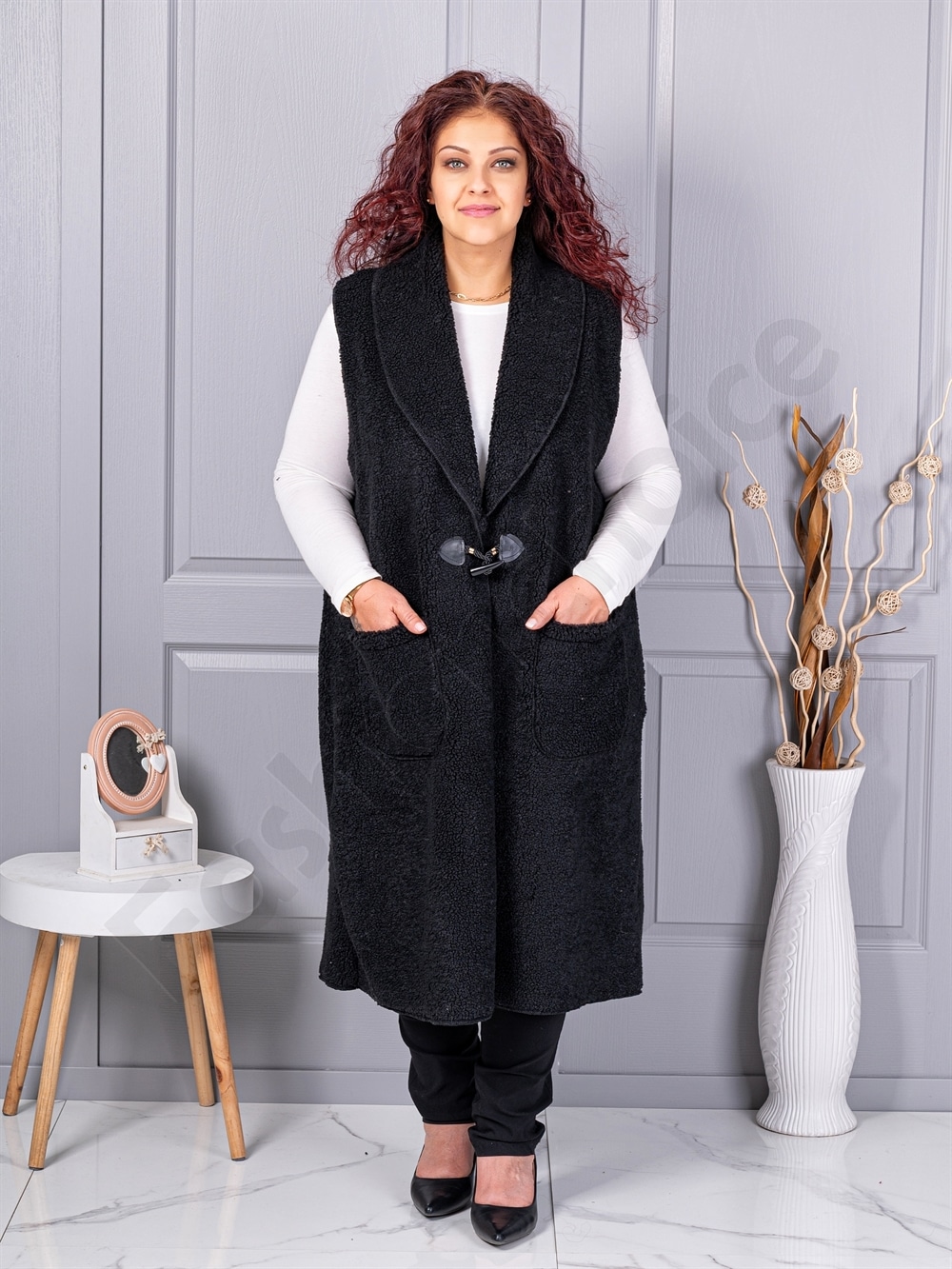 Plus size μπουκλέ γιλέκο μακρύ-μαύρο-κωδ 2184