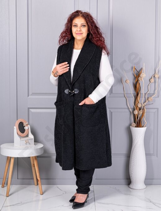 Plus size μπουκλέ γιλέκο μακρύ-μαύρο-κωδ 2184