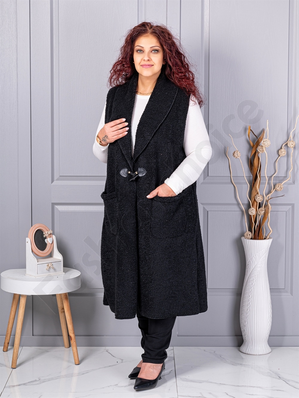 Plus size μπουκλέ γιλέκο μακρύ-μαύρο-κωδ 2184