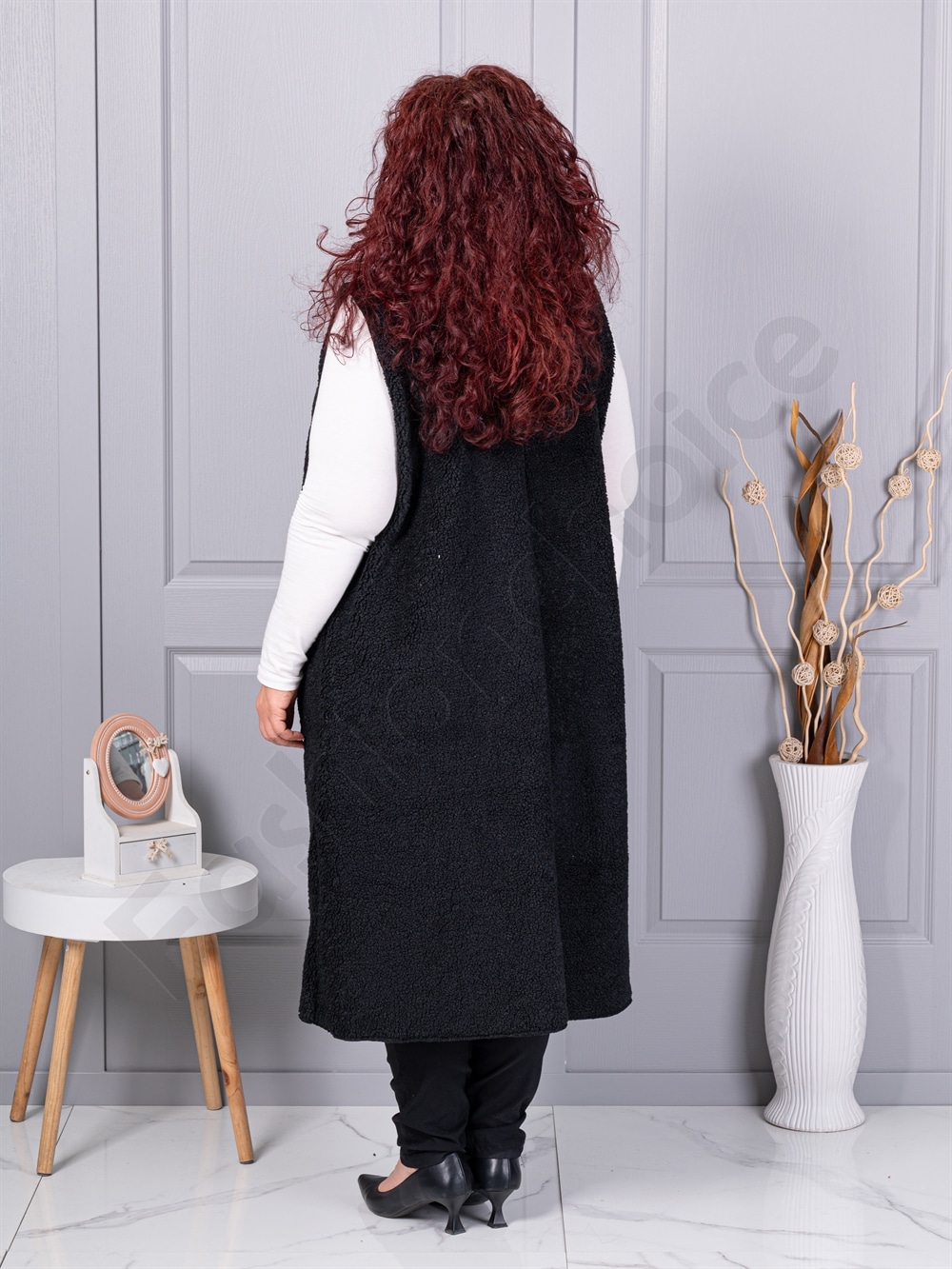 Plus size μπουκλέ γιλέκο μακρύ-μαύρο-κωδ 2184