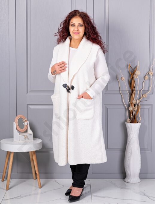 Plus size μπουκλέ γιλέκο μακρύ-εκρού-κωδ 2184-1