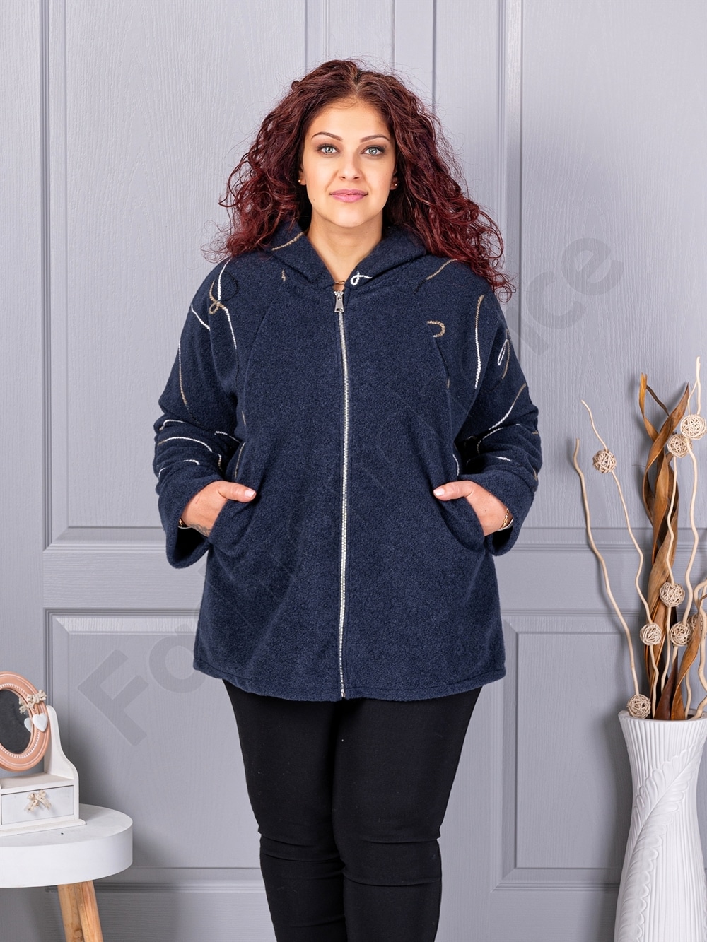 Plus size μπουκλέ ζακέτα-μπλε σκούρο-κωδ 9843-4