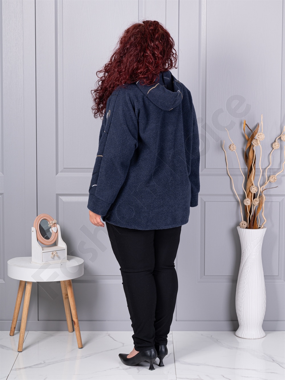 Plus size μπουκλέ ζακέτα-μπλε σκούρο-κωδ 9843-4