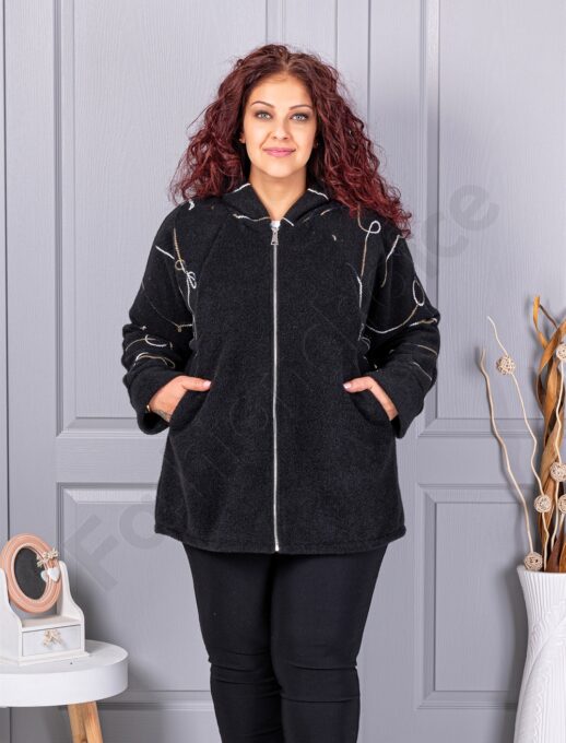 Plus size μπουκλέ ζακέτα-μαύρο-κωδ 9843