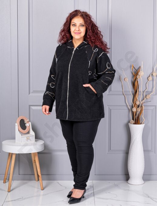 Plus size μπουκλέ ζακέτα-μαύρο-κωδ 9843
