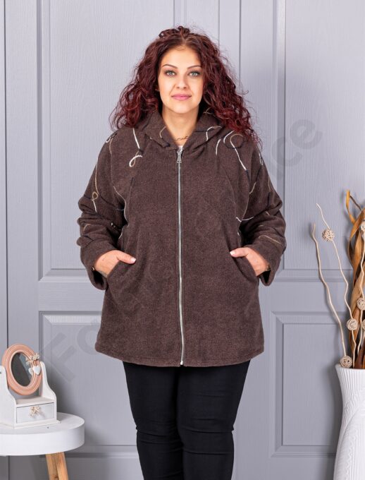 Plus size μπουκλέ ζακέτα-καφέ-κωδ 9843-2