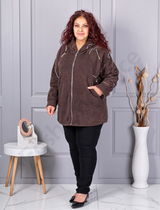 Plus size μπουκλέ ζακέτα-καφέ-κωδ 9843-2