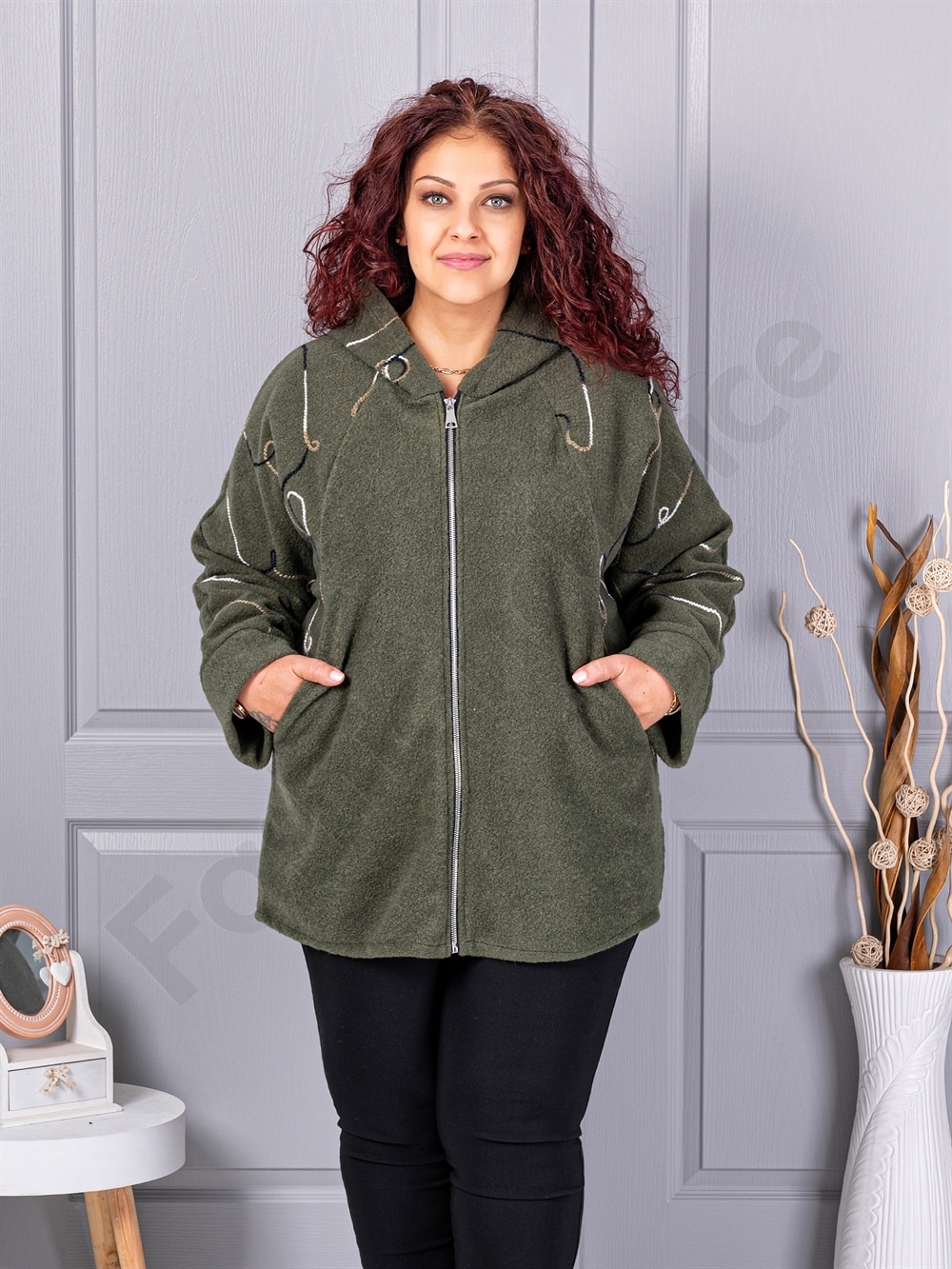Plus size μπουκλέ ζακέτα-χακί-κωδ 9843-3