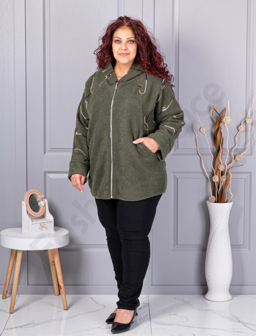 Plus size μπουκλέ ζακέτα-χακί-κωδ 9843-3