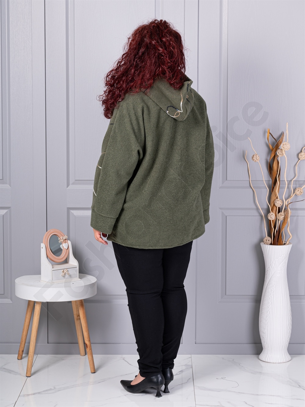 Plus size μπουκλέ ζακέτα-χακί-κωδ 9843-3