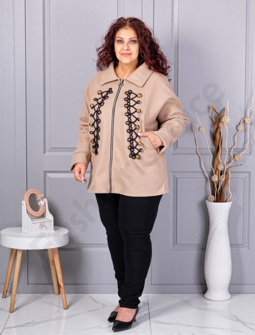 Plus size κασμίρ ζακέτα με απλικέ-μπεζ-κωδ 9846-1