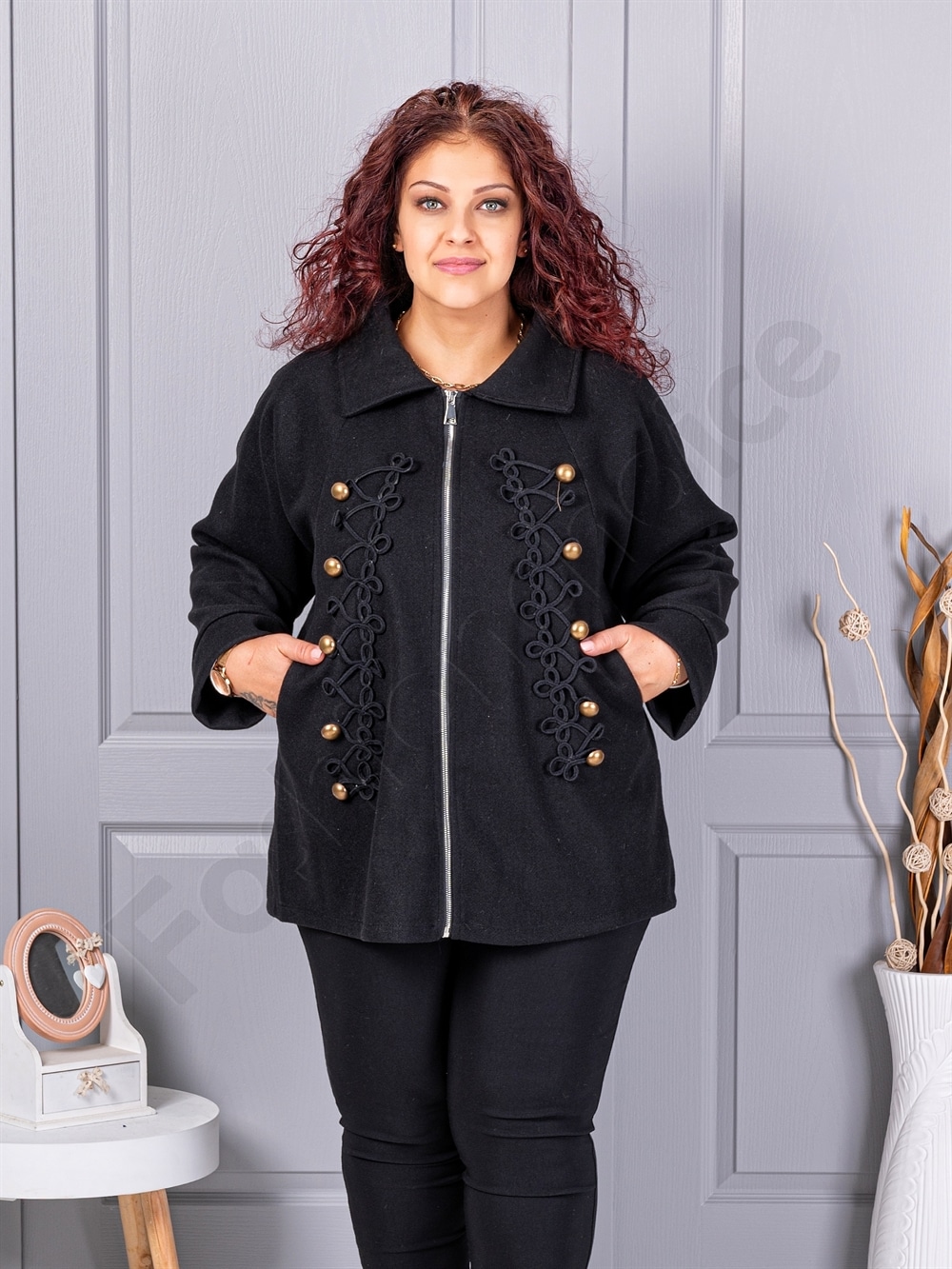 Plus size κασμίρ ζακέτα με απλικέ-μαύρο-κωδ 9846