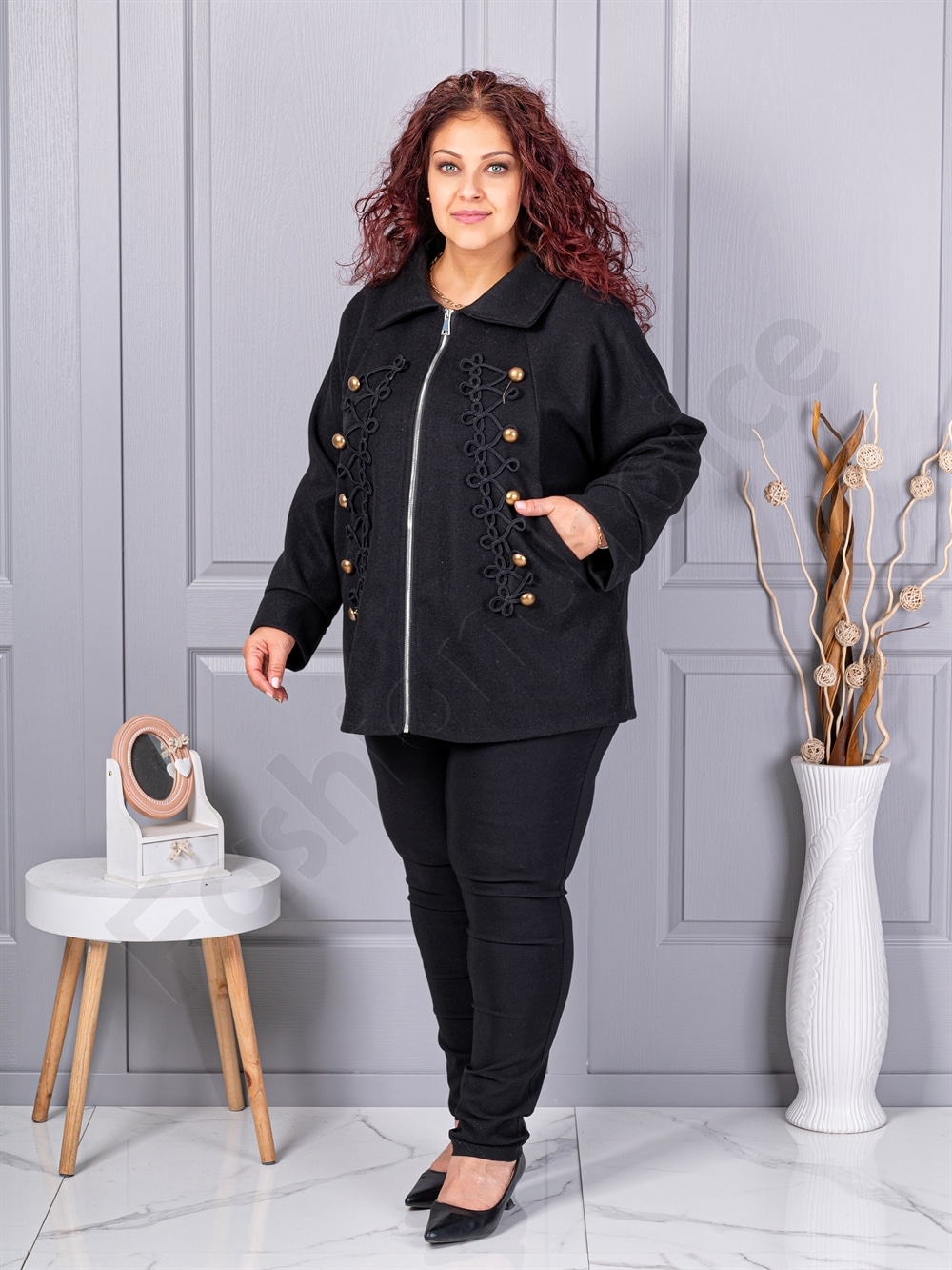 Plus size κασμίρ ζακέτα με απλικέ-μαύρο-κωδ 9846