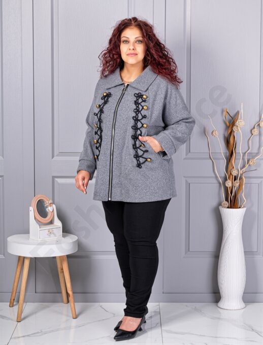 Plus size κασμίρ ζακέτα με απλικέ-γκρι-κωδ 9846-3