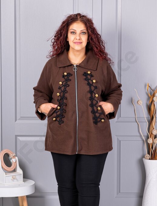 Plus size κασμίρ ζακέτα με απλικέ-καφέ-κωδ 9846-2