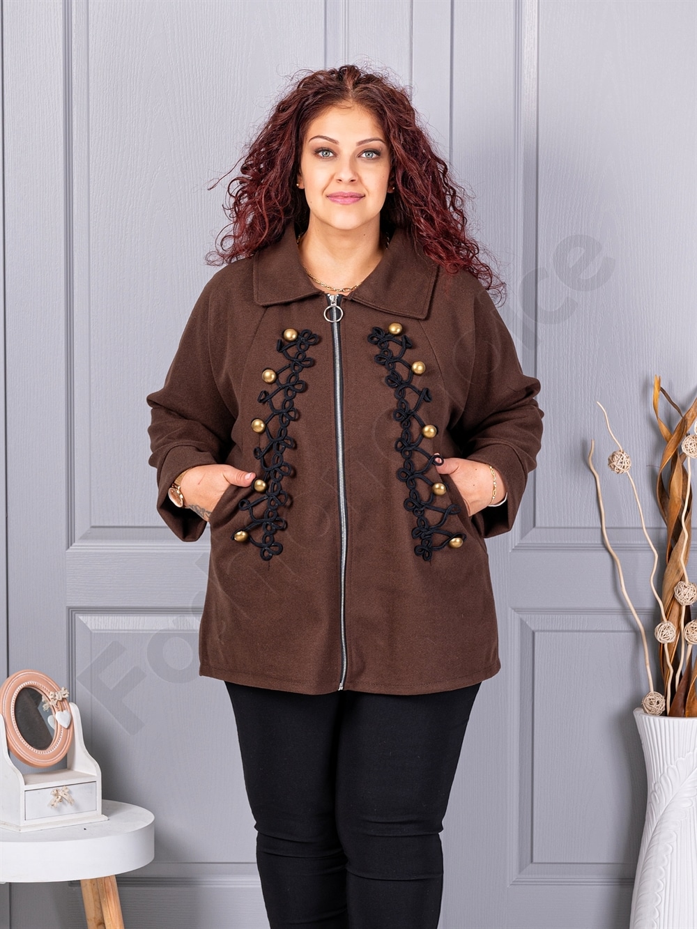 Plus size κασμίρ ζακέτα με απλικέ-καφέ-κωδ 9846-2