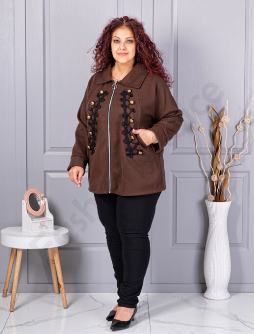 Plus size κασμίρ ζακέτα με απλικέ-καφέ-κωδ 9846-2
