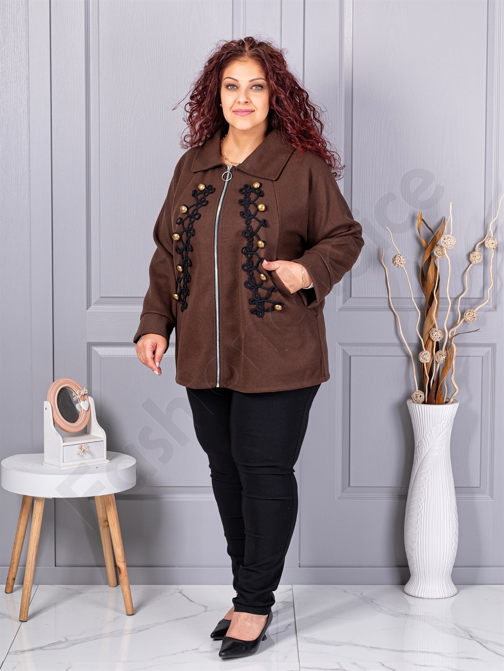 Plus size κασμίρ ζακέτα με απλικέ-καφέ-κωδ 9846-2