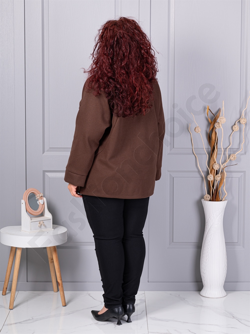 Plus size κασμίρ ζακέτα με απλικέ-καφέ-κωδ 9846-2