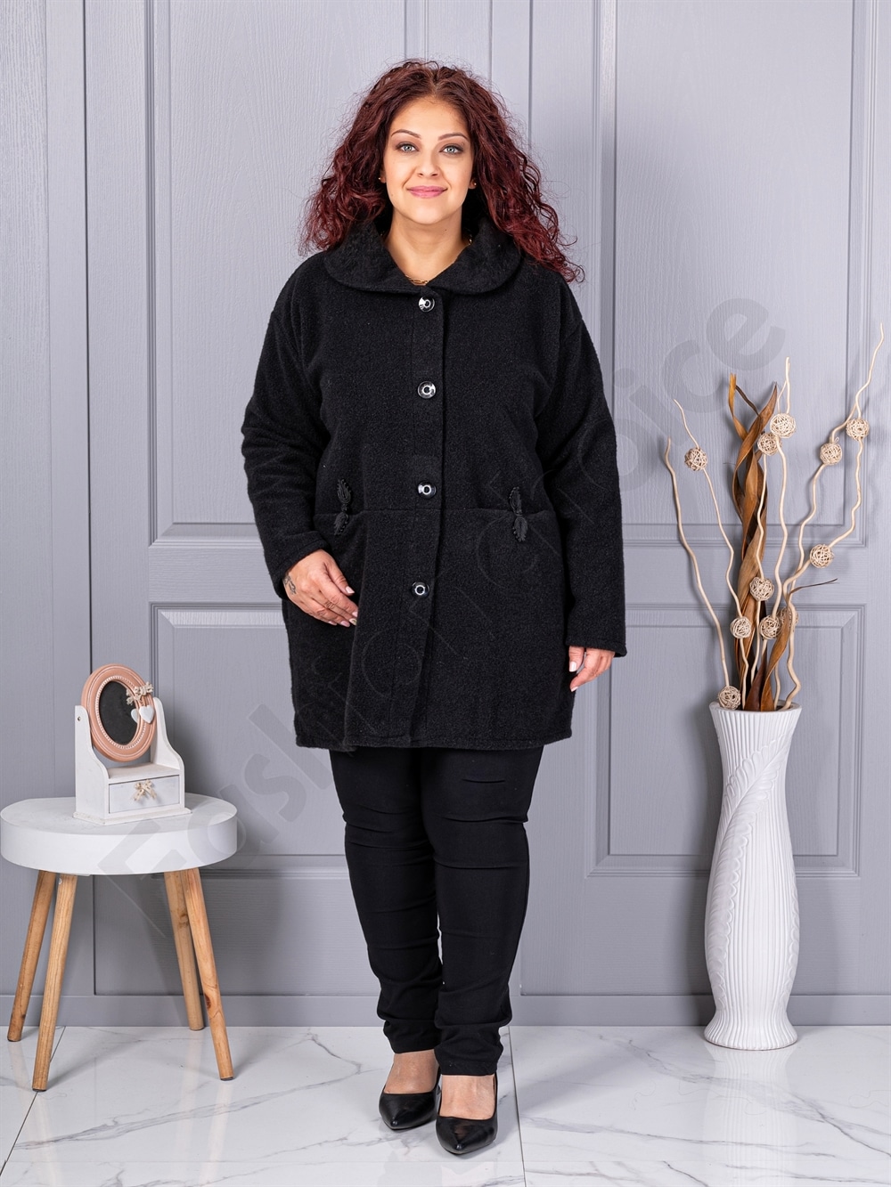 Plus size μπουκλέ παλτό-μαύρο-κωδ 9822