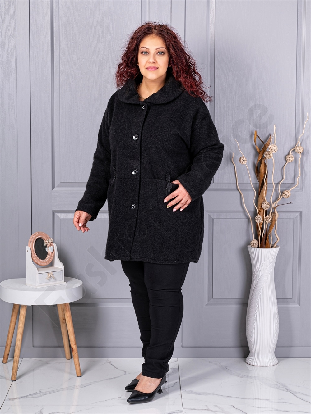 Plus size μπουκλέ παλτό-μαύρο-κωδ 9822
