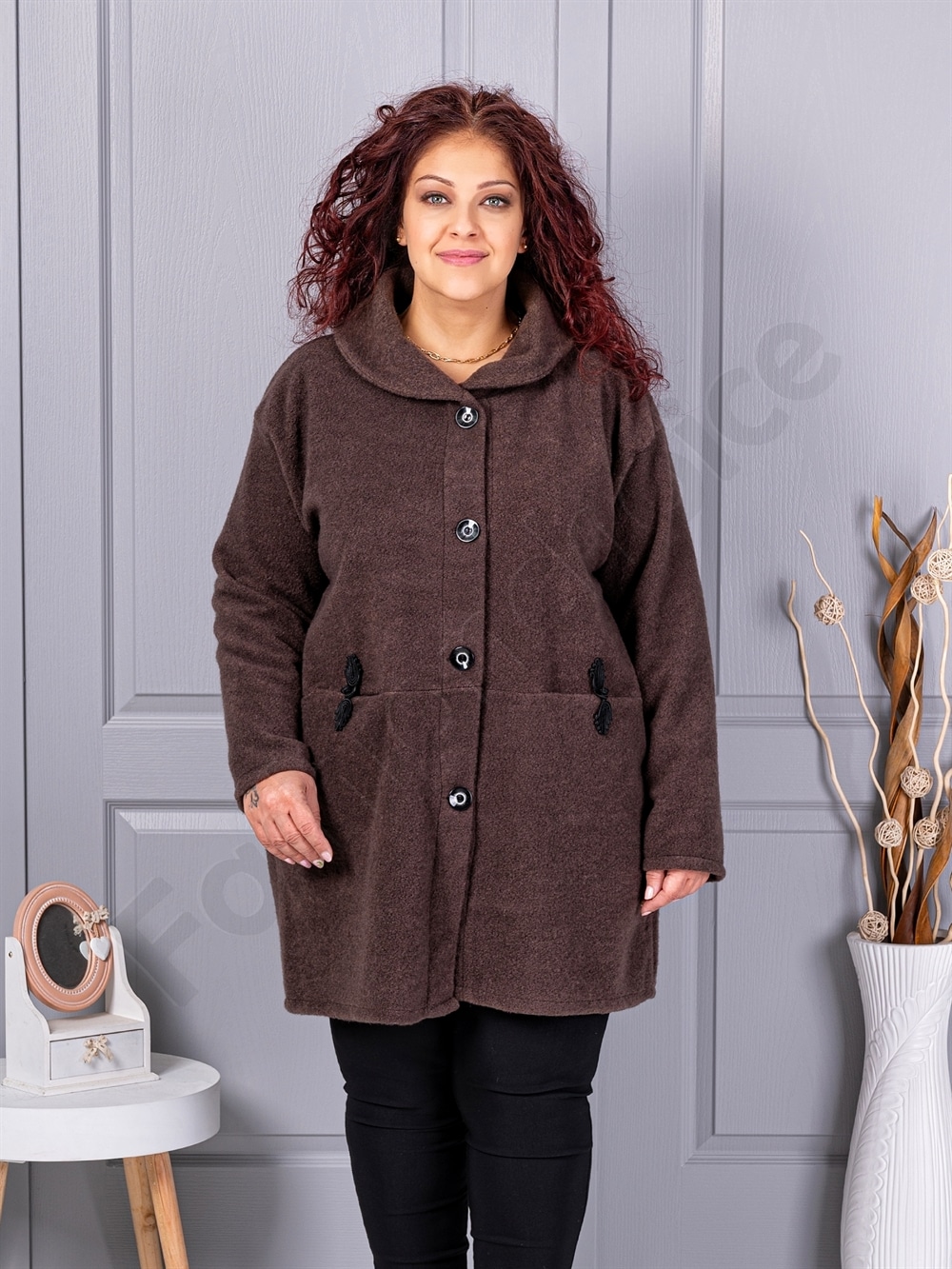 Plus size μπουκλέ παλτό-καφέ-κωδ 9822-4