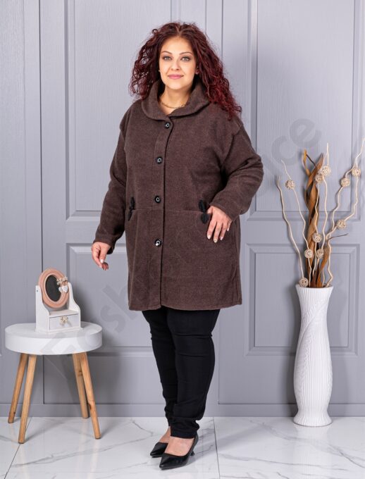 Plus size μπουκλέ παλτό-καφέ-κωδ 9822-4