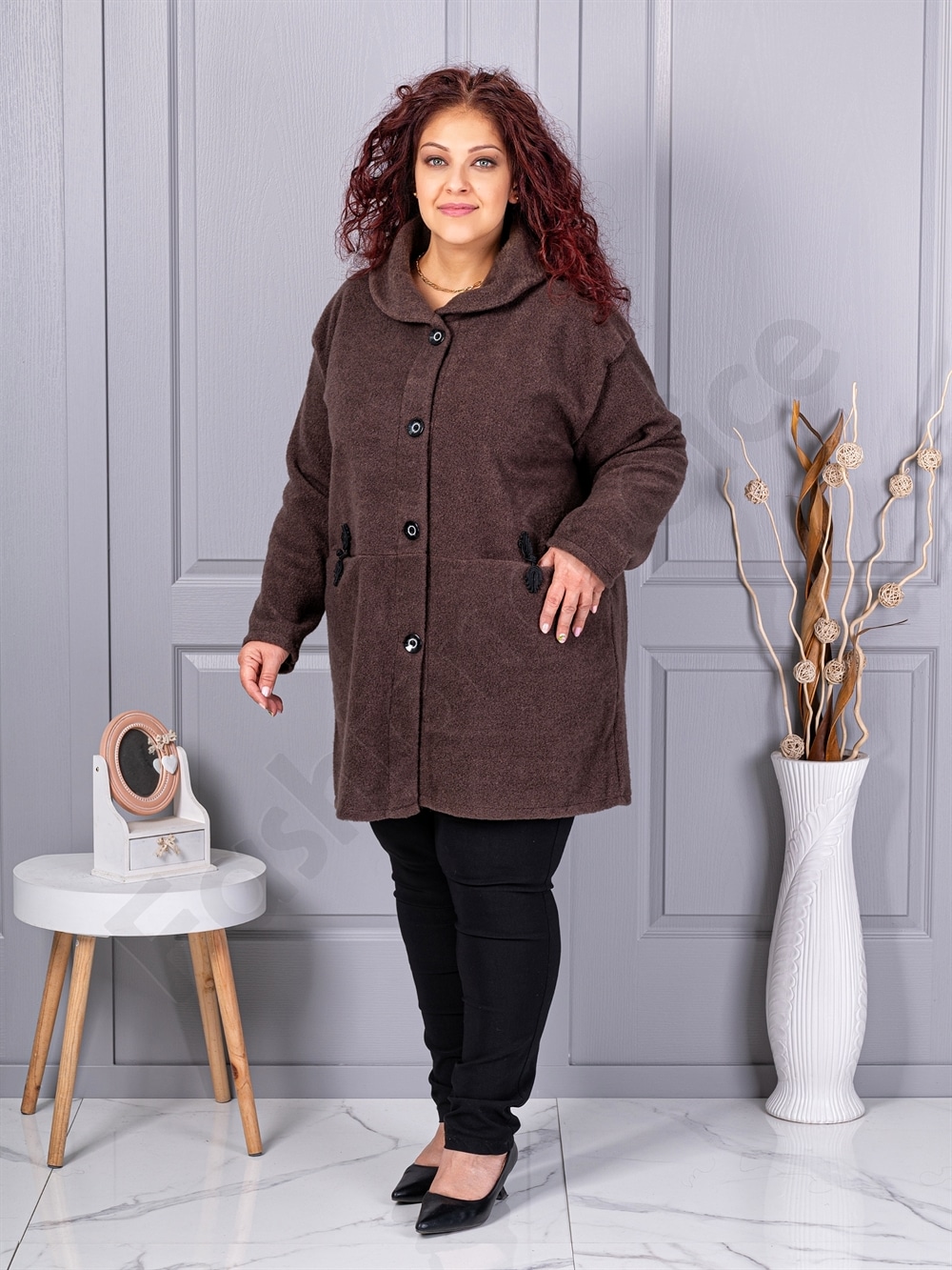 Plus size μπουκλέ παλτό-καφέ-κωδ 9822-4