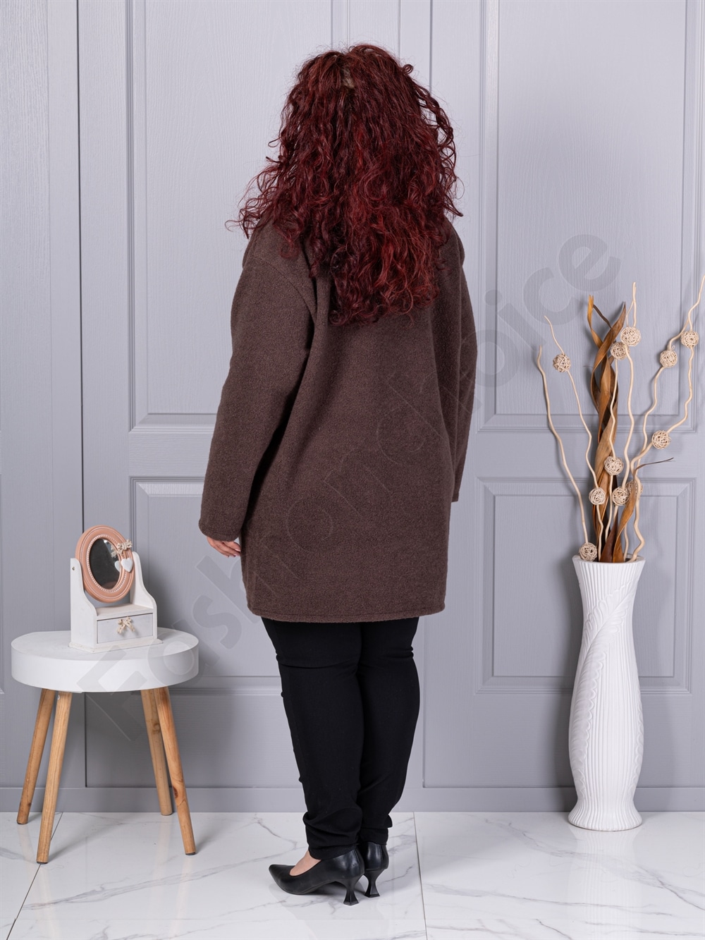 Plus size μπουκλέ παλτό-καφέ-κωδ 9822-4