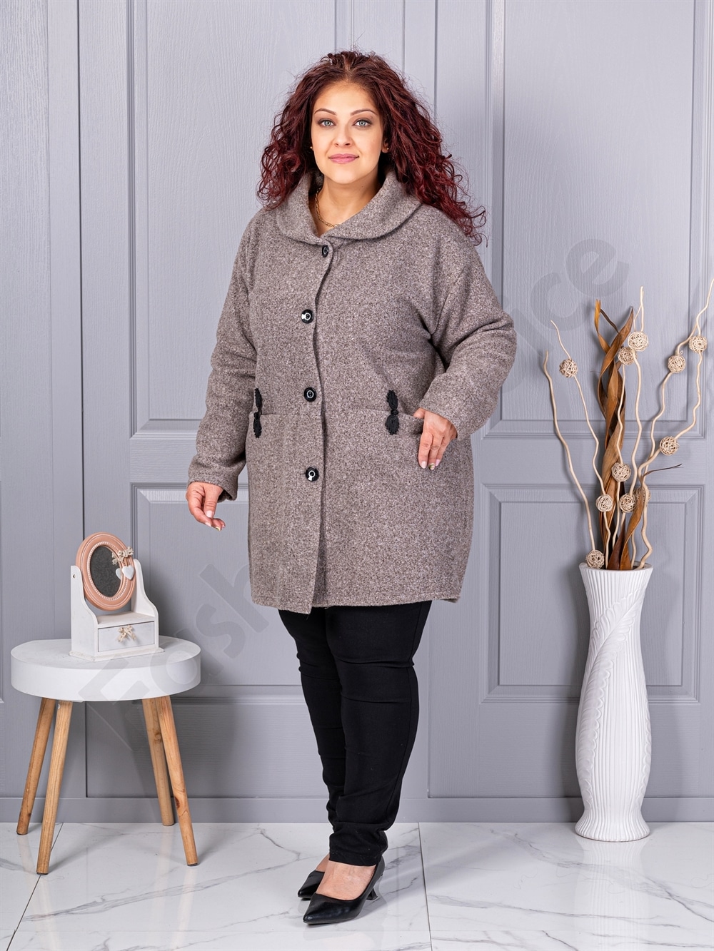 Plus size μπουκλέ παλτό-μόκα-κωδ 9822-3