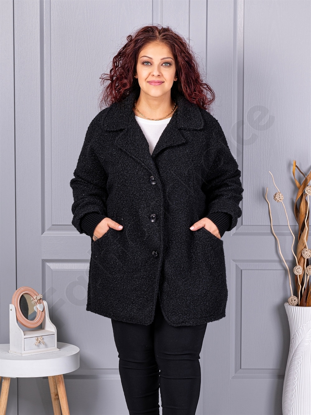 Plus size μπουκλέ παλτό-μαύρο-κωδ 3112