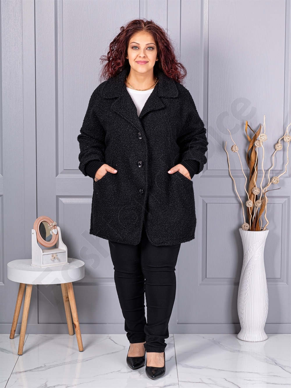 Plus size μπουκλέ παλτό-μαύρο-κωδ 3112