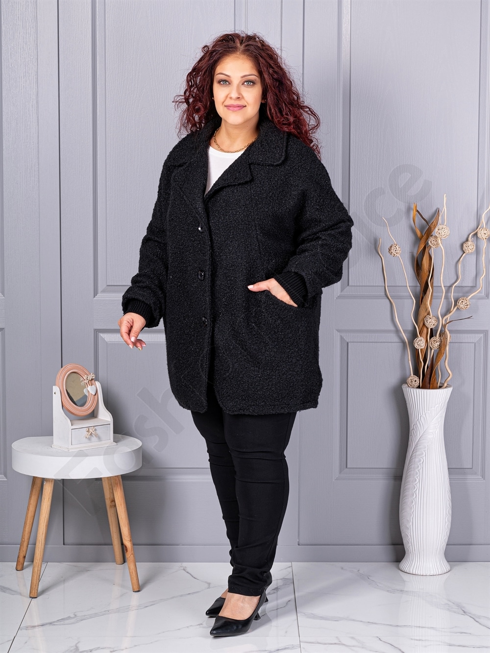 Plus size μπουκλέ παλτό-μαύρο-κωδ 3112