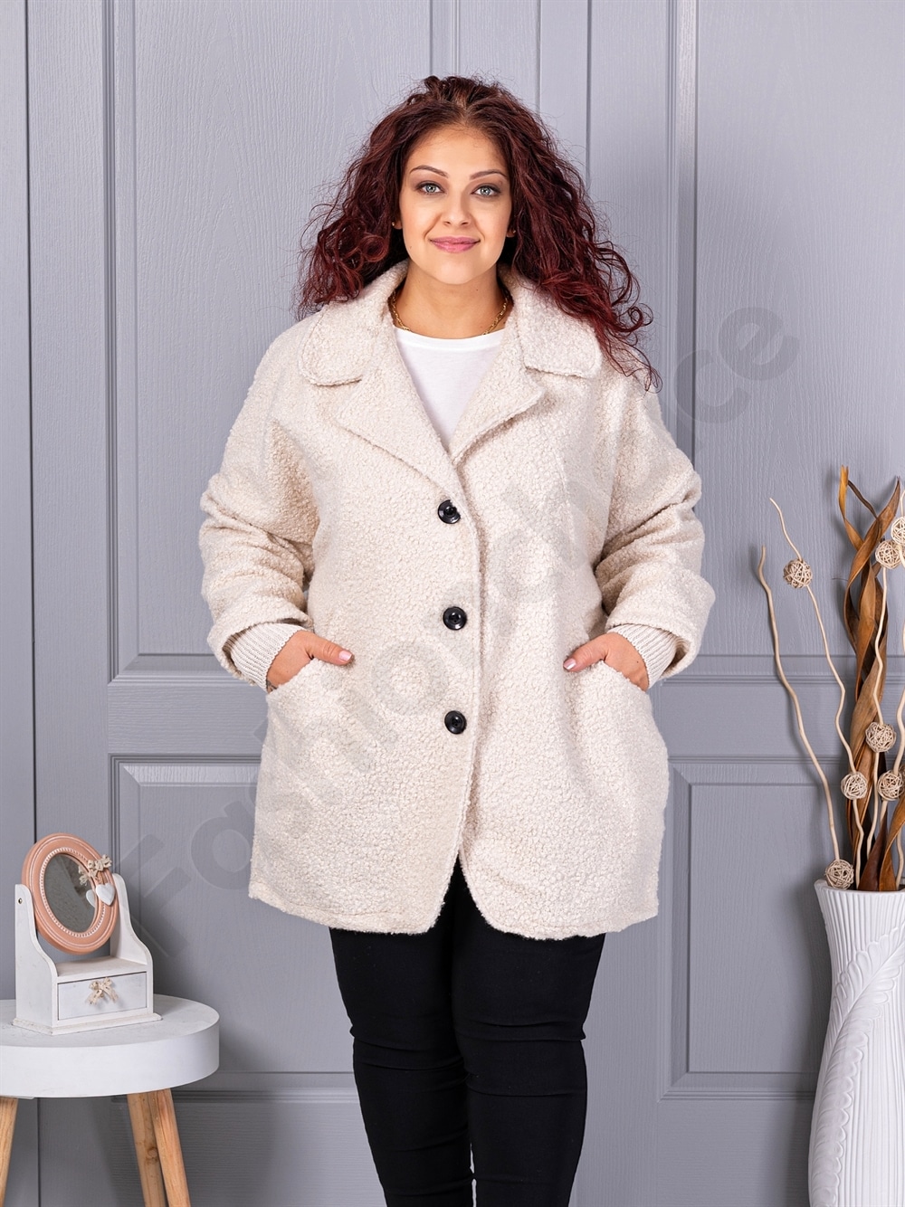 Plus size μπουκλέ παλτό-εκρού-κωδ 3112-3