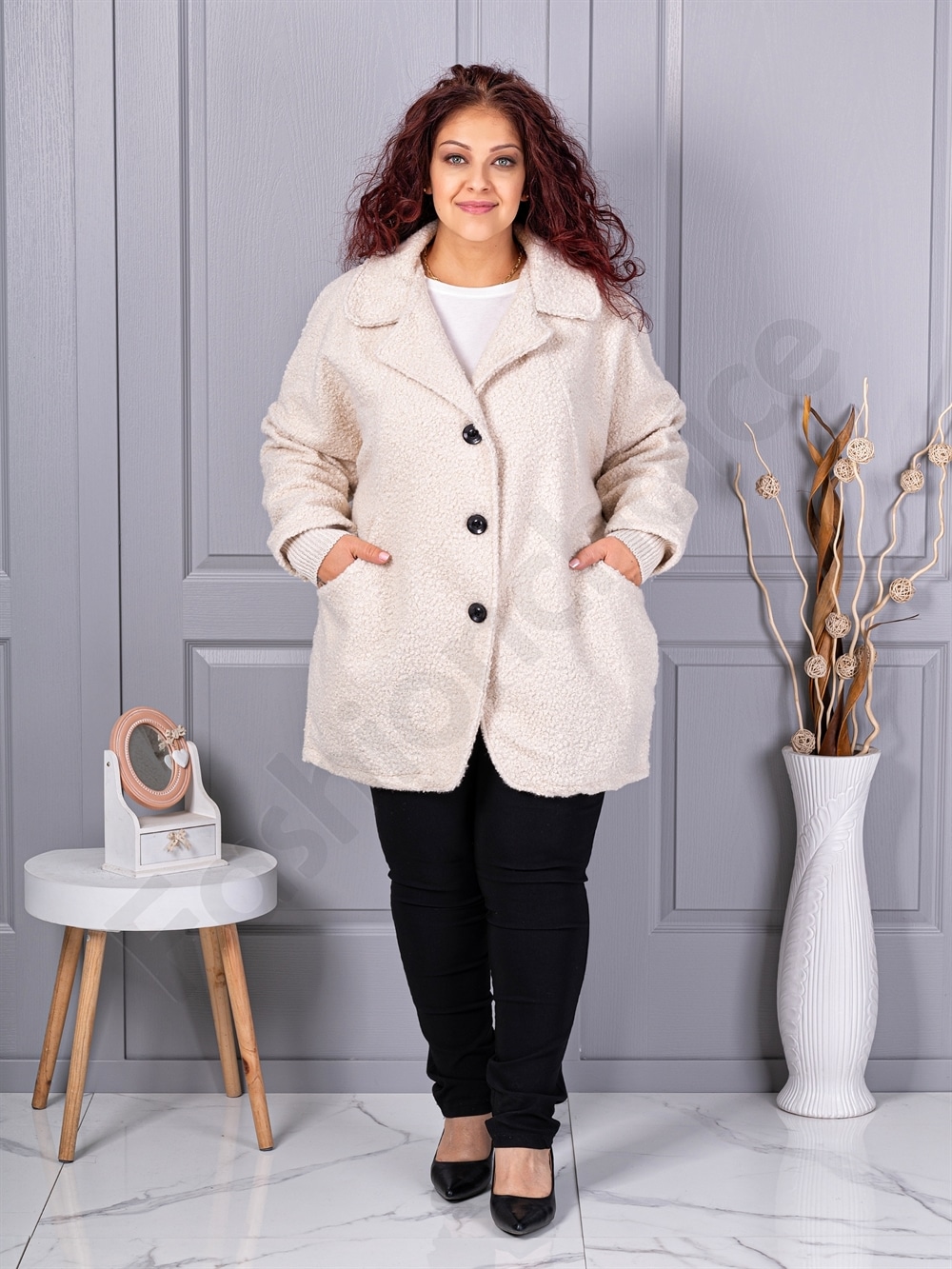 Plus size μπουκλέ παλτό-εκρού-κωδ 3112-3