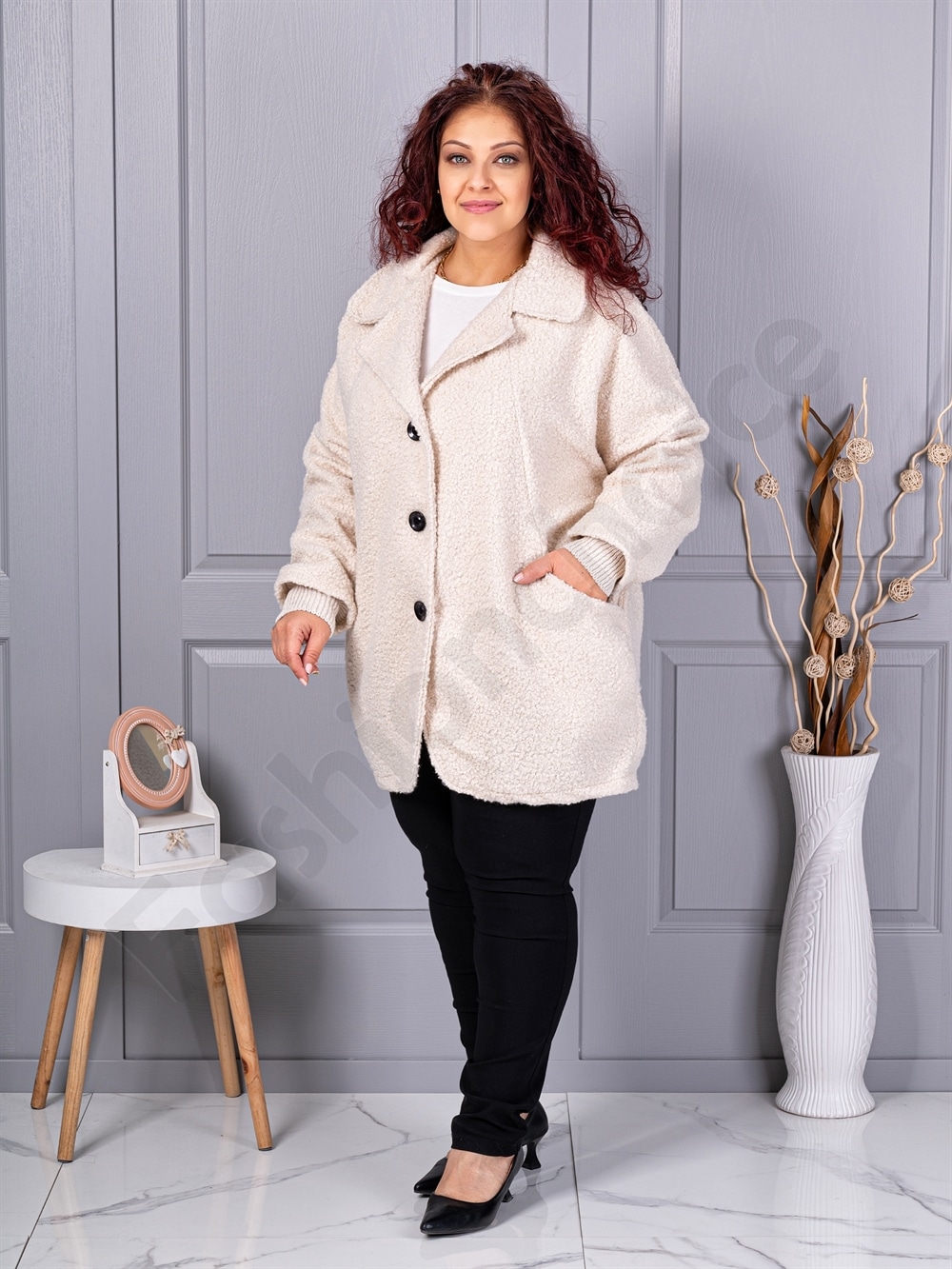 Plus size μπουκλέ παλτό-εκρού-κωδ 3112-3