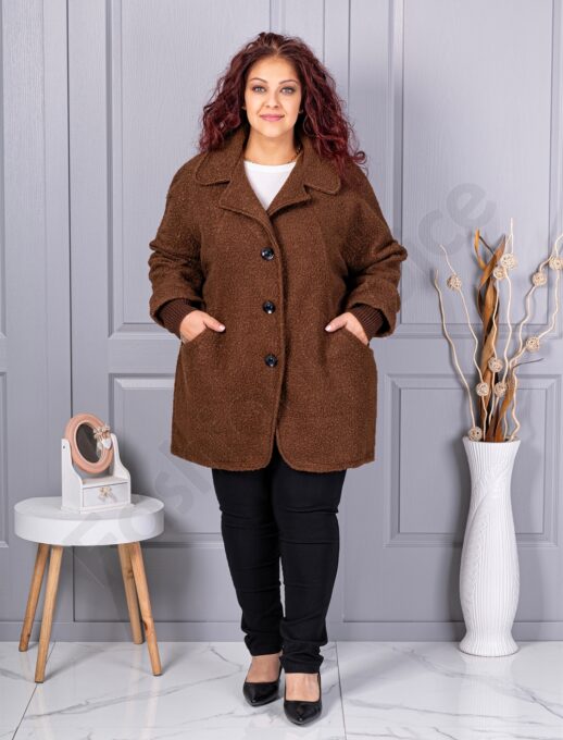 Plus size μπουκλέ παλτό-καφέ-κωδ 3112-2