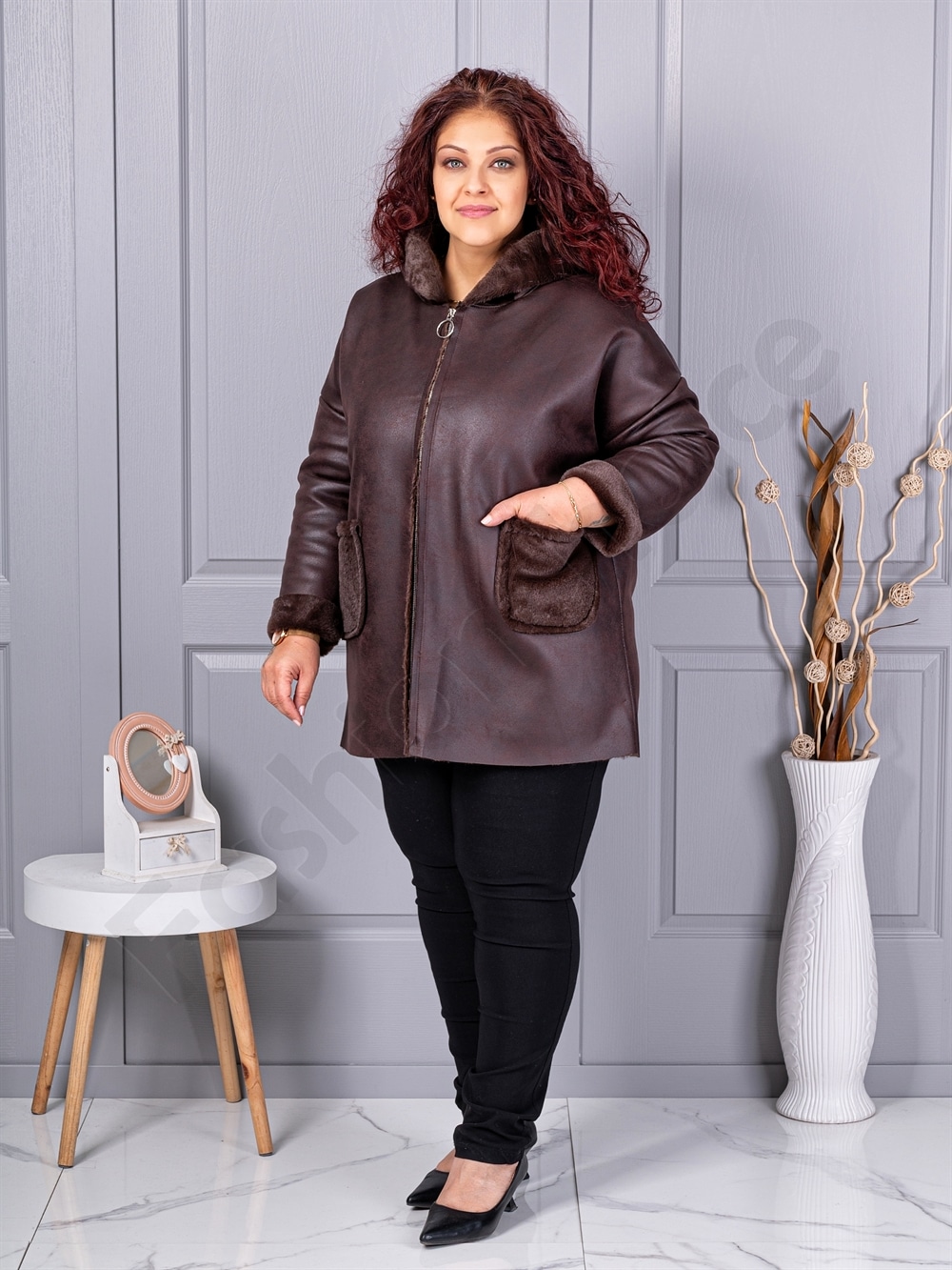 Plus size σουέτ παλτό-καφέ-κωδ 9602-1